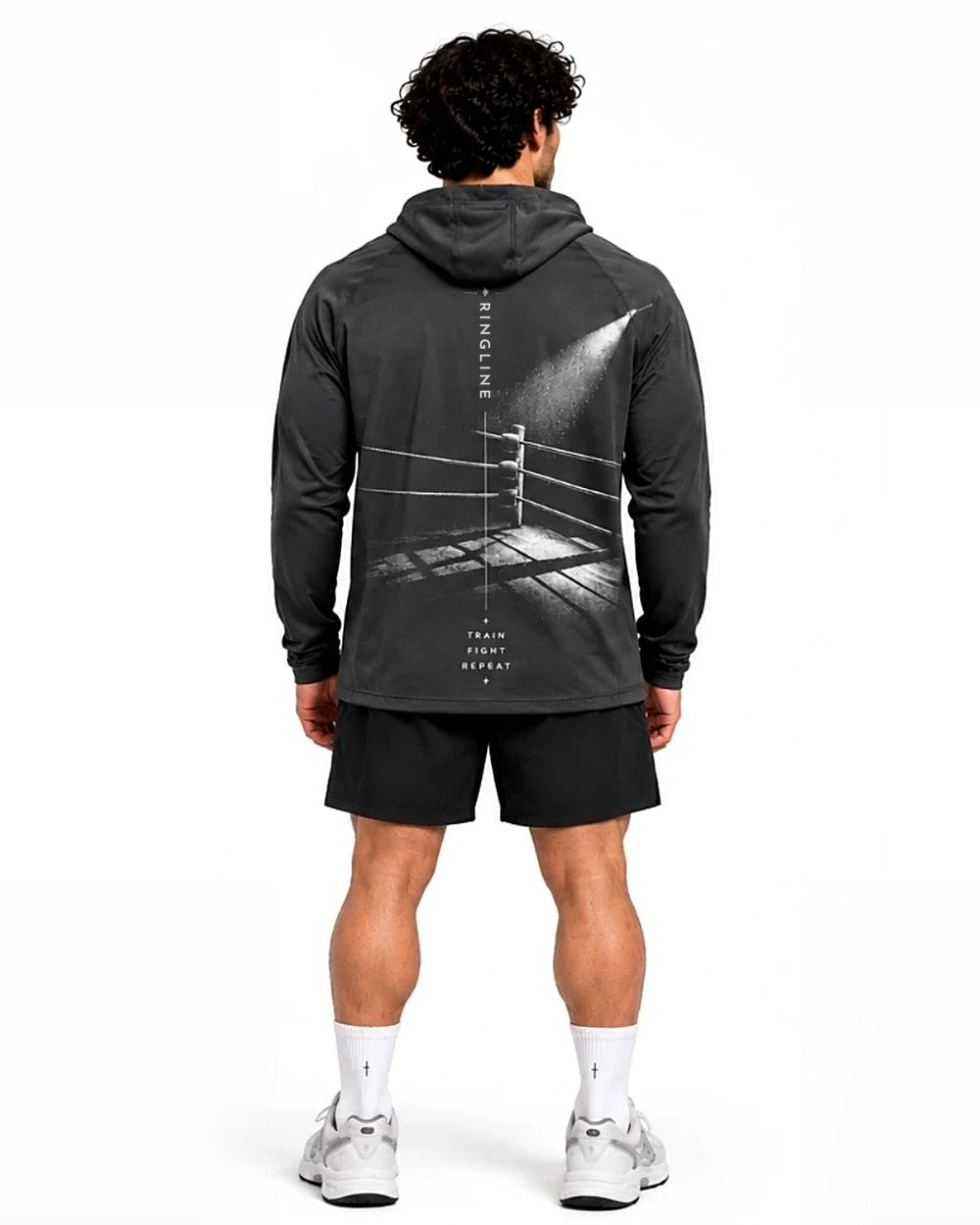The Corner Hooded Long Sleeve in Charcoal, back view