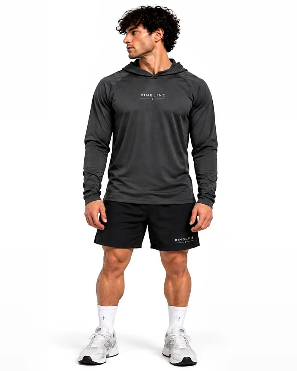 The Corner Hooded Long Sleeve in Charcoal, front view