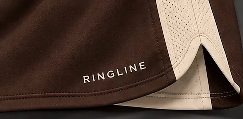 Ringline Fight Shorts in Brown / Cream, hem view