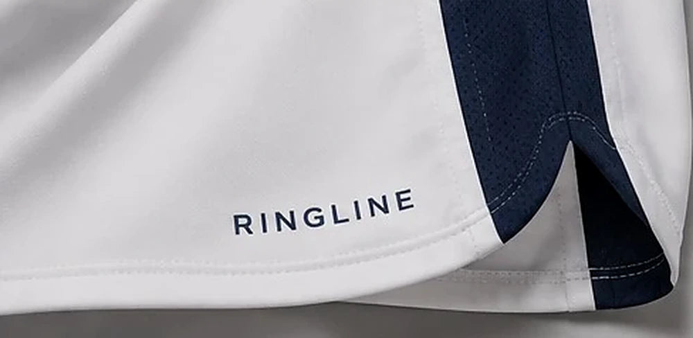 Ringline Fight Shorts in White / Navy, hem view